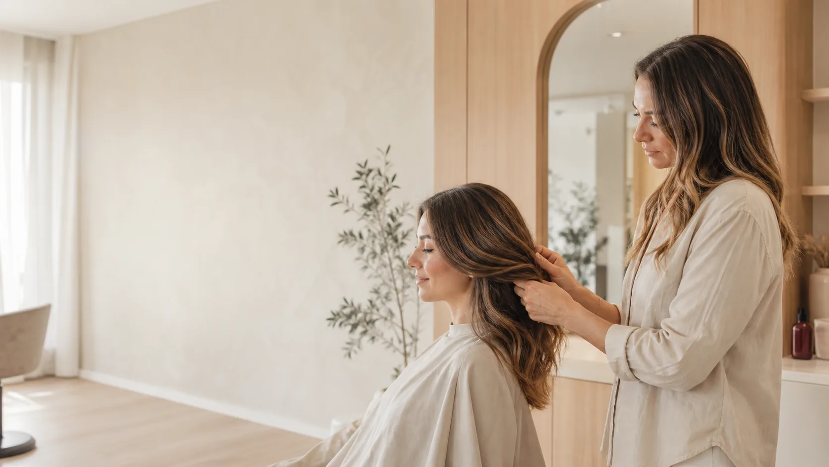 Stylistka konsultuje fryzurę z klientką w jasnym salonie